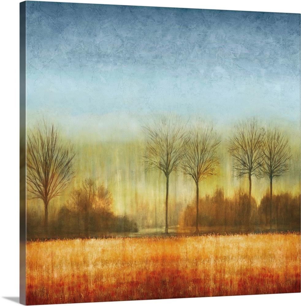 Square decor with a winter landscape with bare trees and fading blue, green, yellow, orange, and red colors on top.