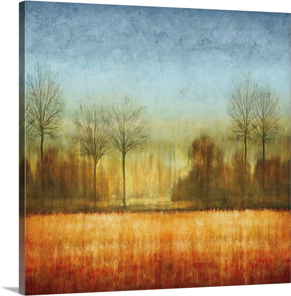 Square decor with a winter landscape with bare trees and fading blue, green, yellow, orange, and red colors on top.