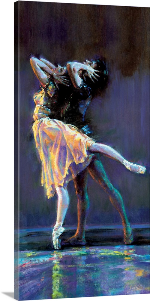 Contemporary painting of tow ballerinas preforming with a dark background and colorful, neon-like lights shining on them a...