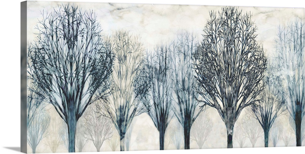 Large artwork with Winter trees in dark blue and gray hues with a foggy background.