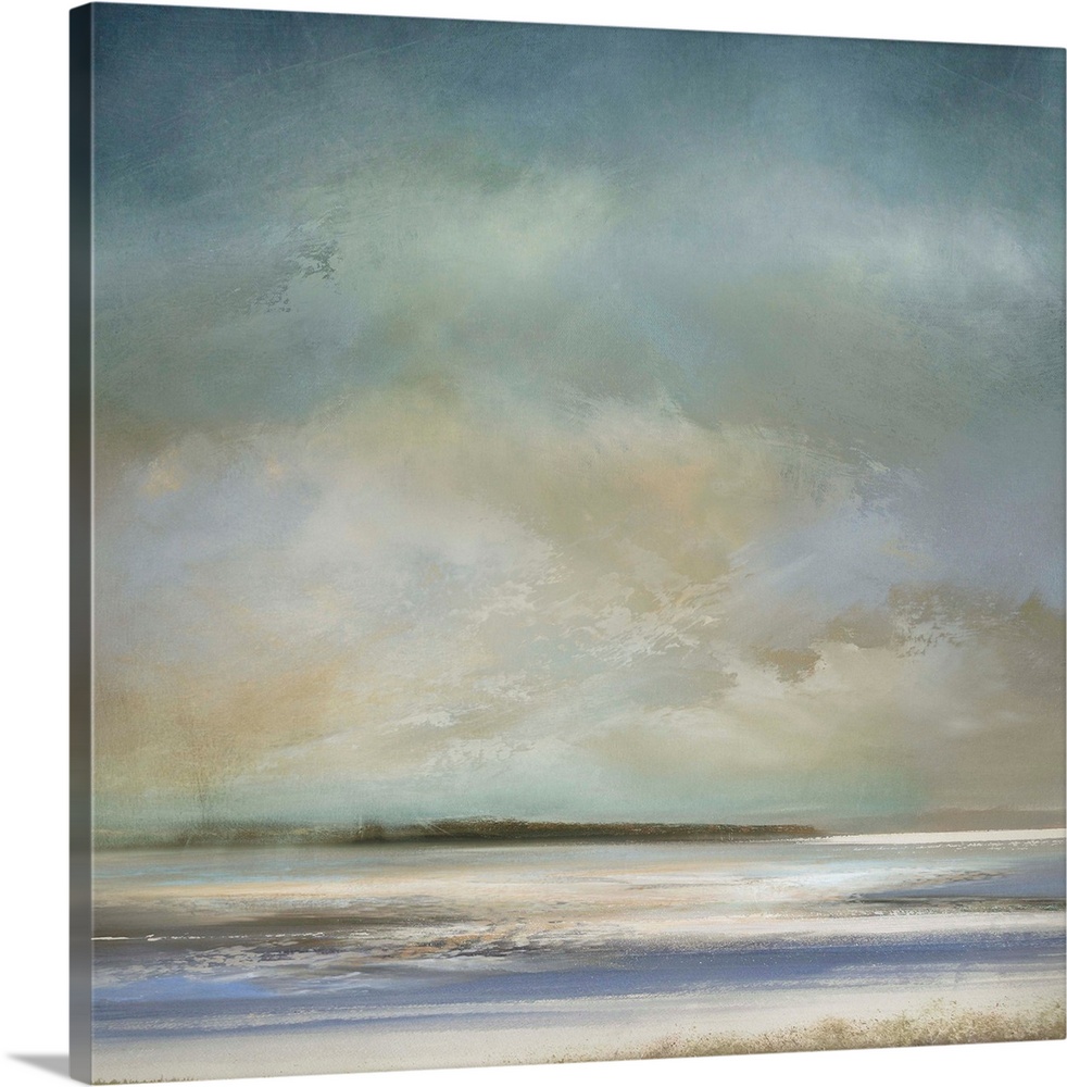 Abstract landscape artwork in subdued colors of a beach shore in the morning.
