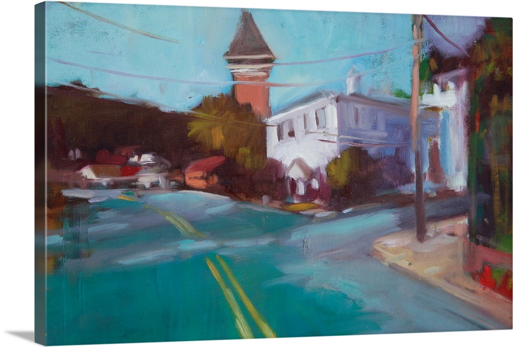Contemporary painting of a street intersection with buildings all around.