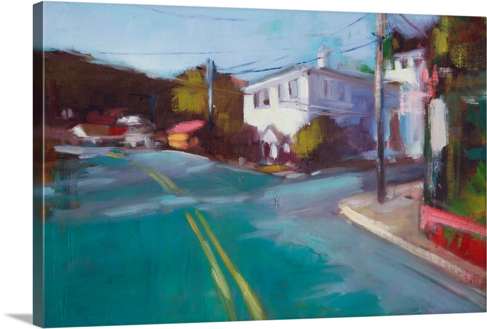 Contemporary painting of intersecting roads in a neighborhood surrounded by houses.