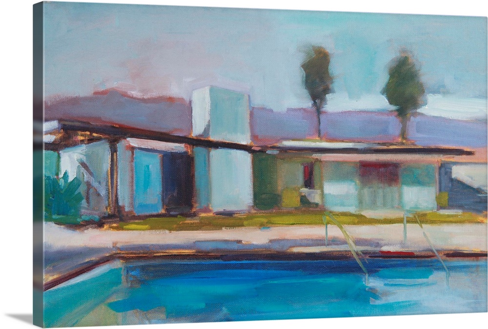 Contemporary painting of a modern home with a swimming pool in the foreground.