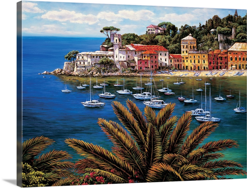 Contemporary painting with a view of the village, boats, and water on the Tuscan coast.