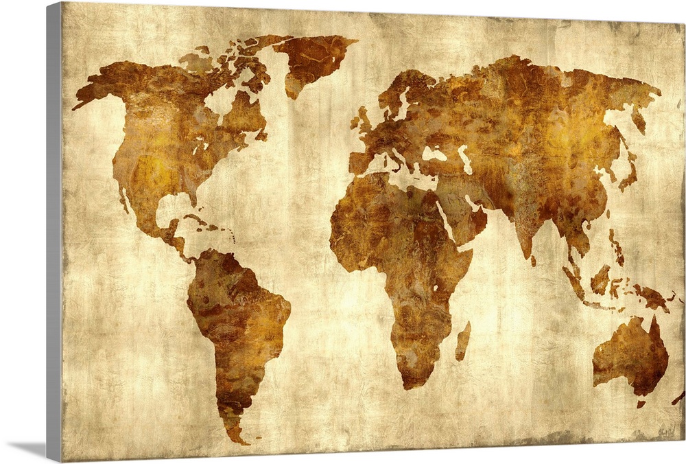 Rustic map of the World with no labeling in bronze and gold hues.
