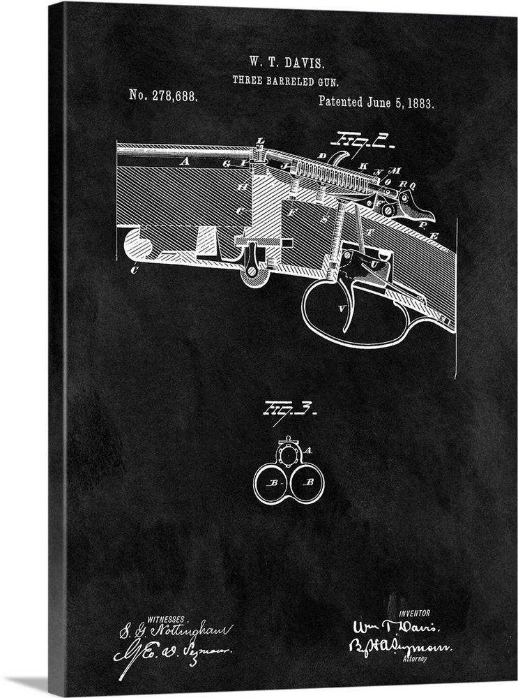 Antique style blueprint diagram of a Three Barreled Gun printed on a black background