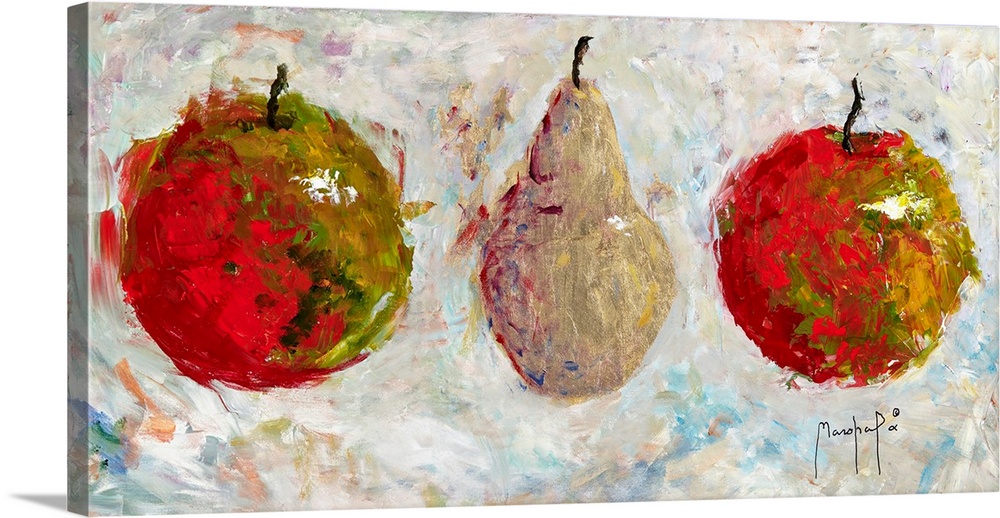 Still life painting of two apples and a pear with an abstract feel.