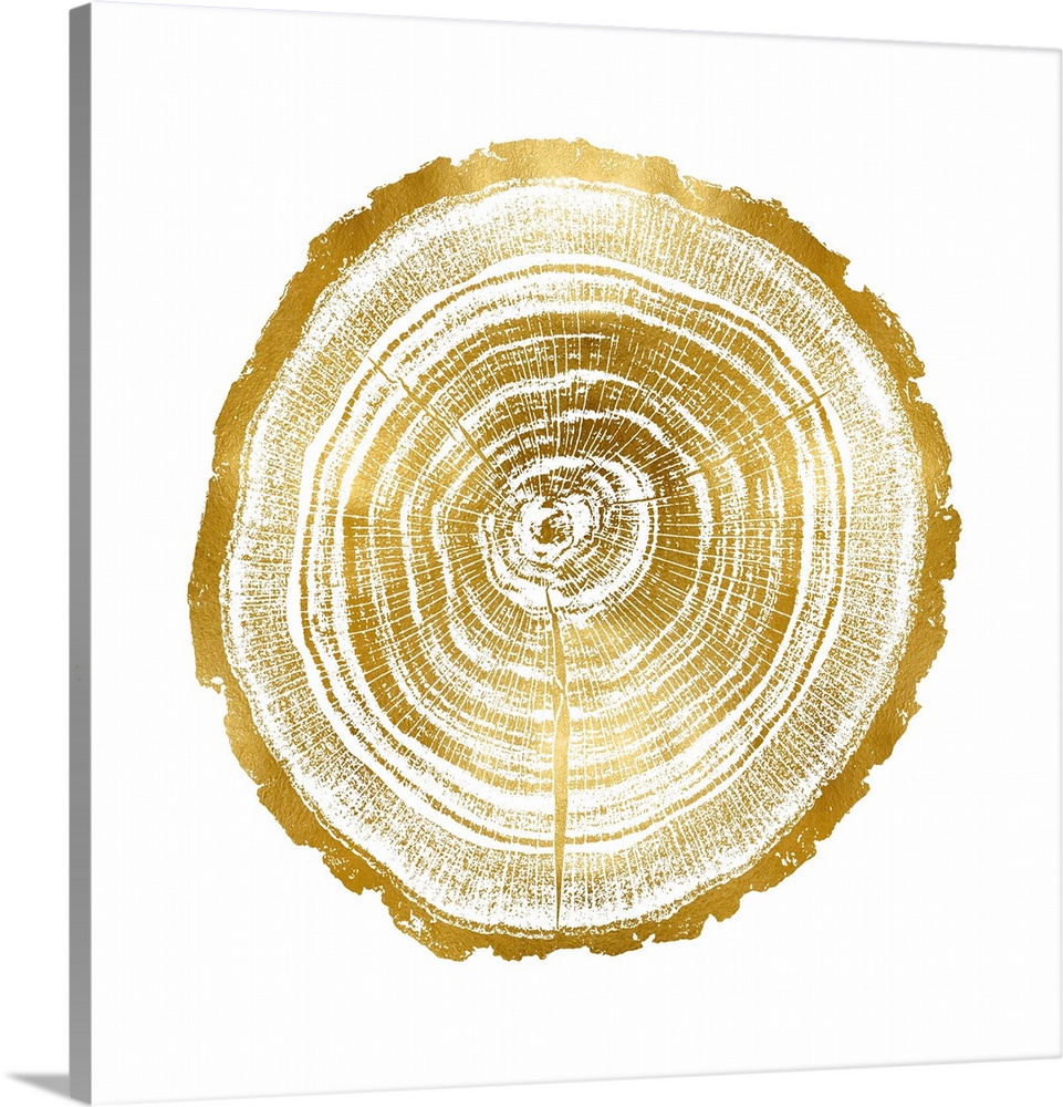 Square decor with tree stump rings in gold and white.