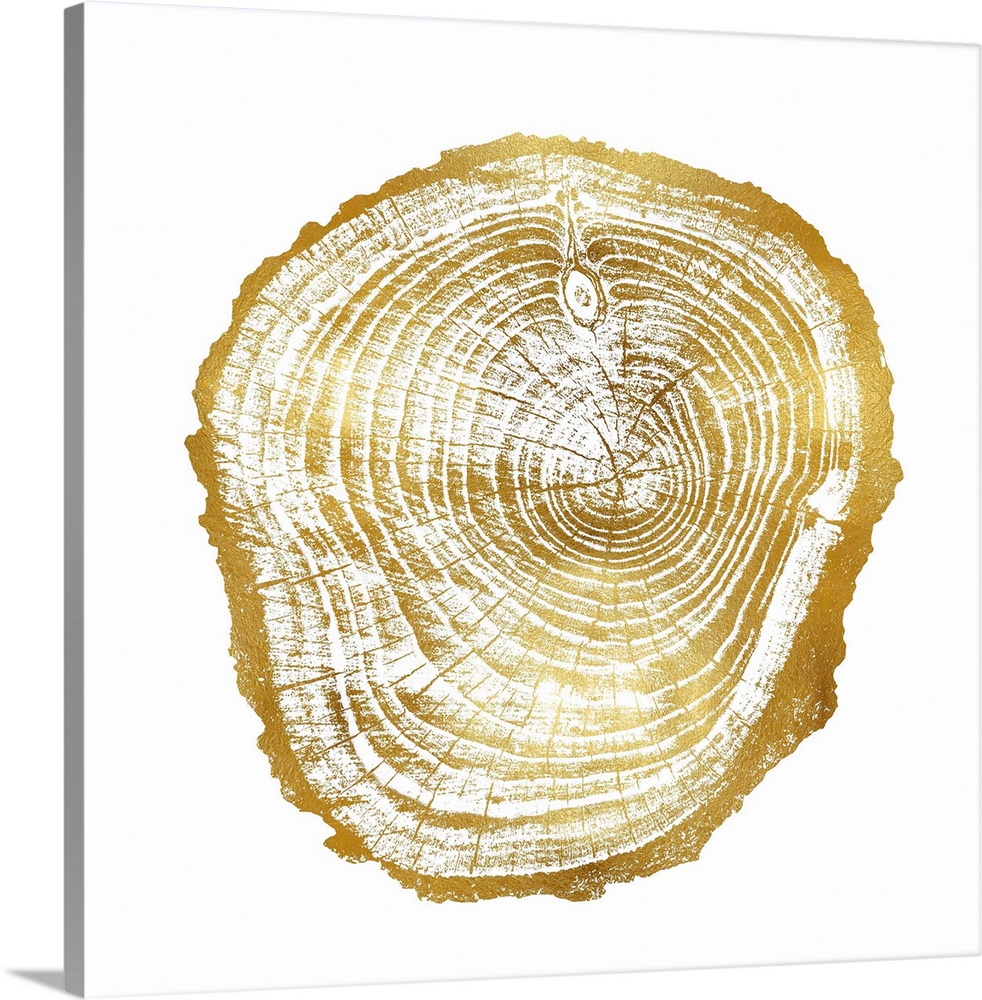 Square decor with tree stump rings in gold and white.