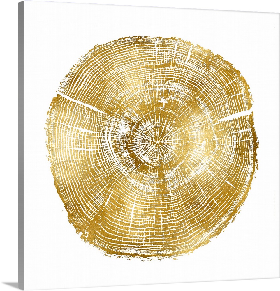Square decor with tree stump rings in gold and white.