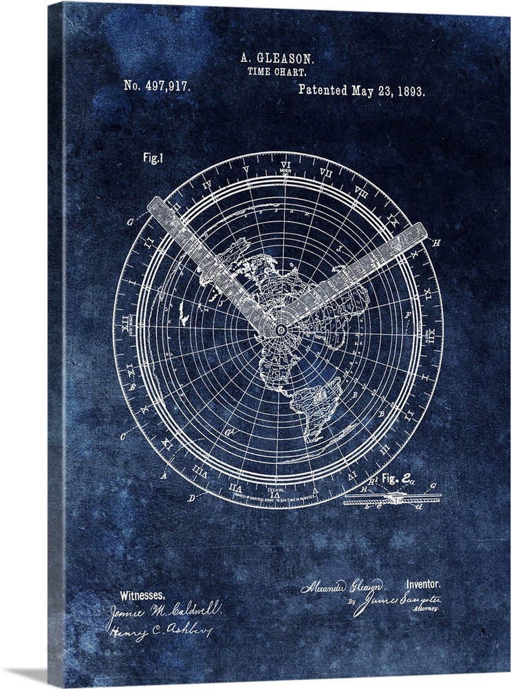 Antique style blueprint diagram of a Time Chart printed on a blue background.