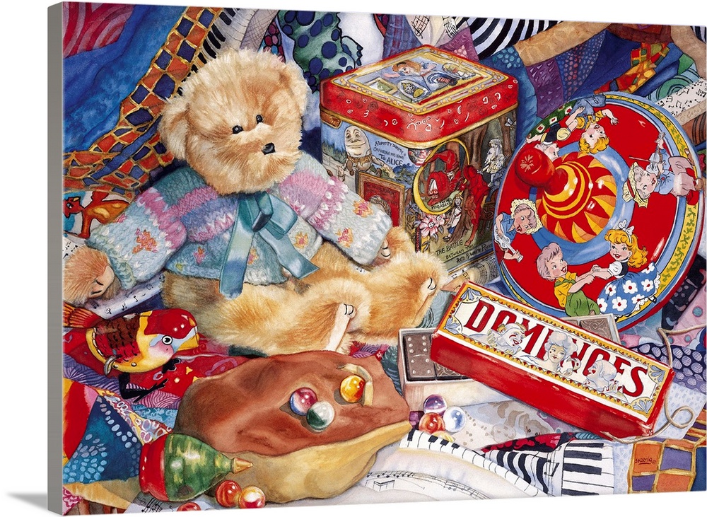 Watercolor painting of children's toys piled together.