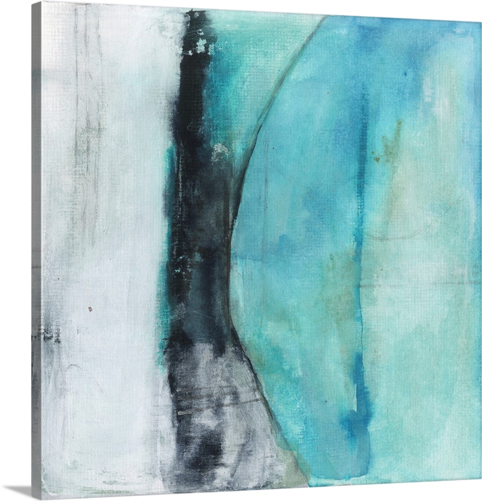 Square abstract painting created with shades of blue and black with a section of white-gray on the side.