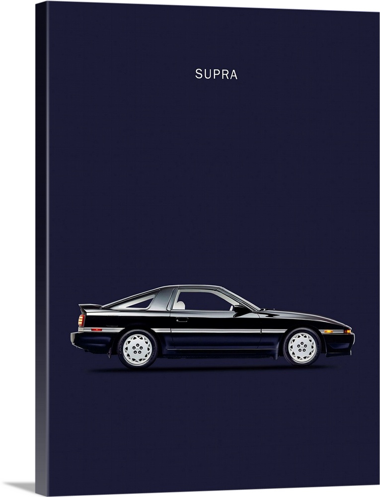 Photograph of a black Toyota Supra Turbo printed on a navy blue background