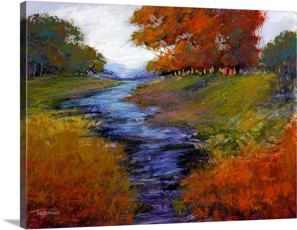 Contemporary painting of a landscape with Autumn trees and a blue and purple tinted creek flowing through the middle.