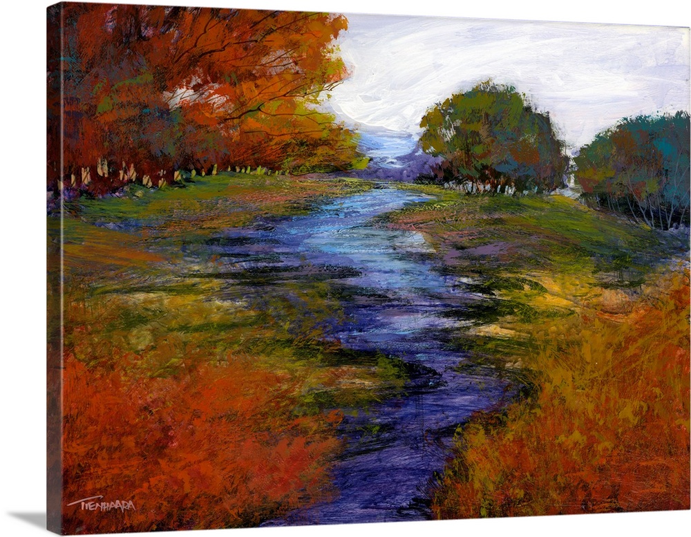 Contemporary painting of a landscape with Autumn trees and a blue and purple tinted creek flowing through the middle.