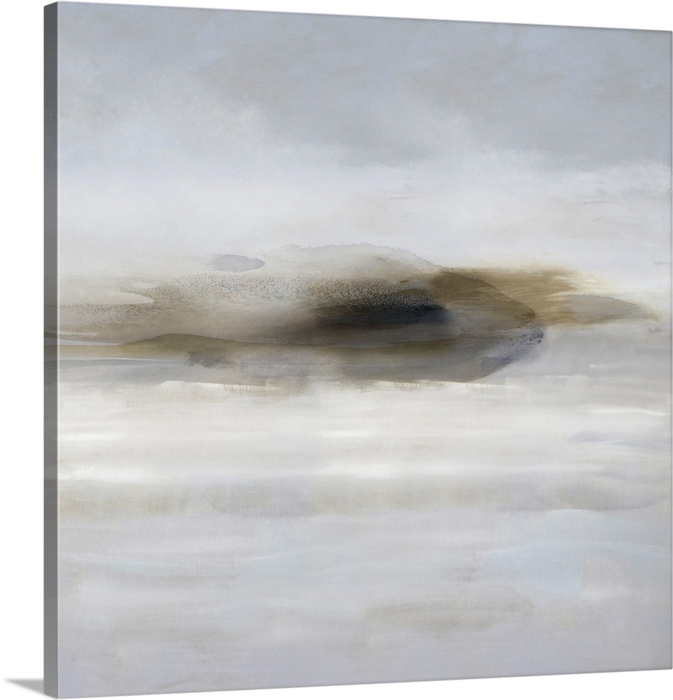 Contemporary abstract artwork in soft gray and tan colors with flowing, moving shapes.