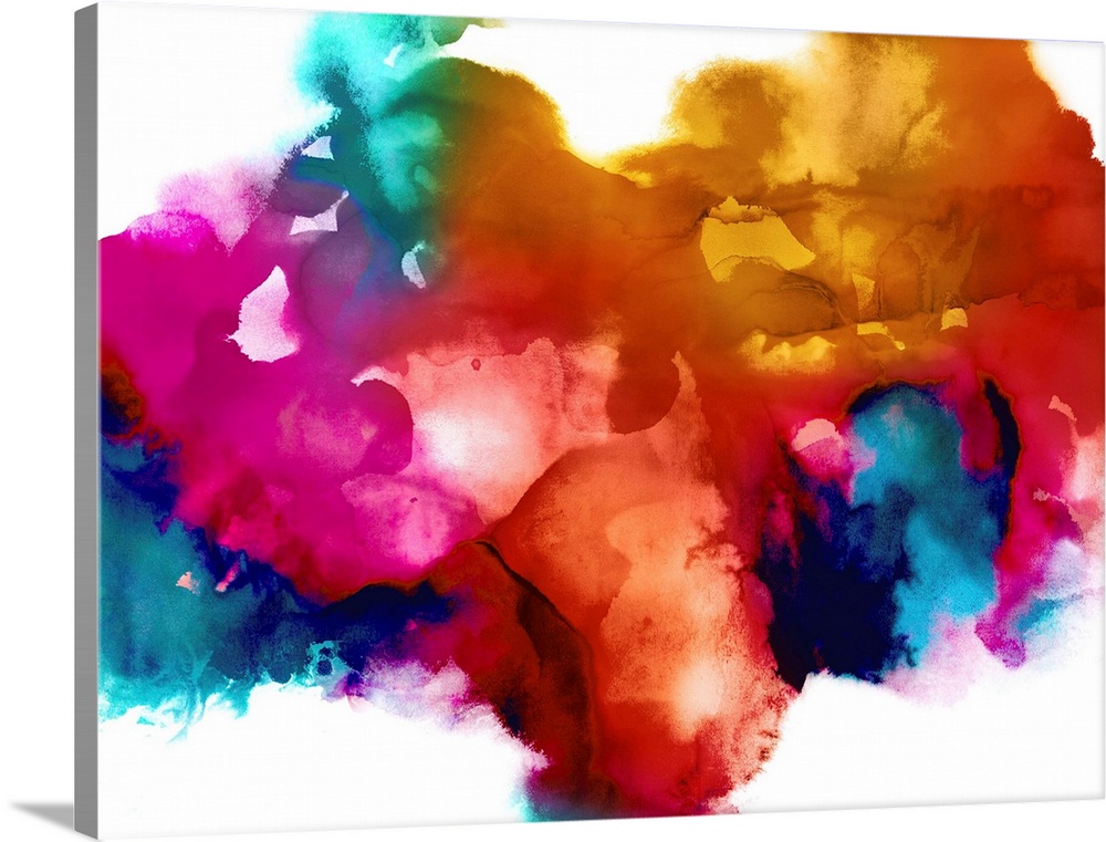 Abstract art with colorful splotches forming together as one design on a white background.
