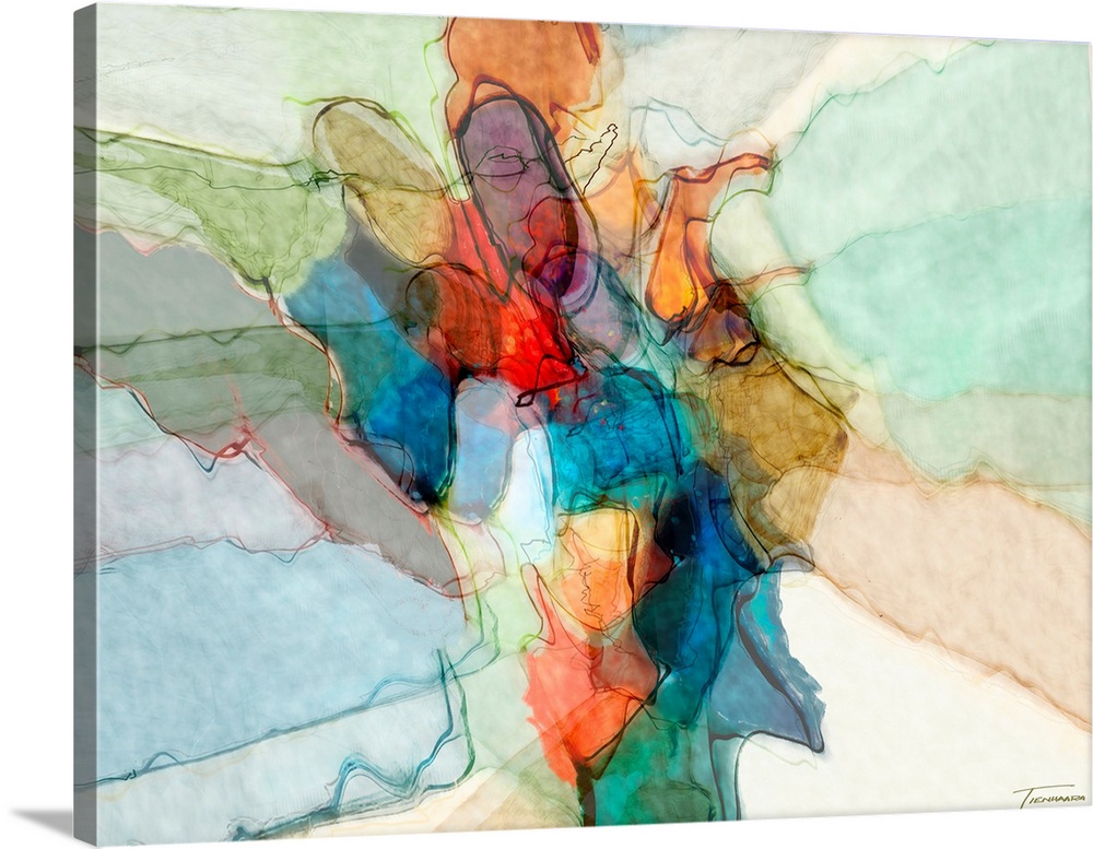 Abstract art with transparent-like clusters of hues in the middle.
