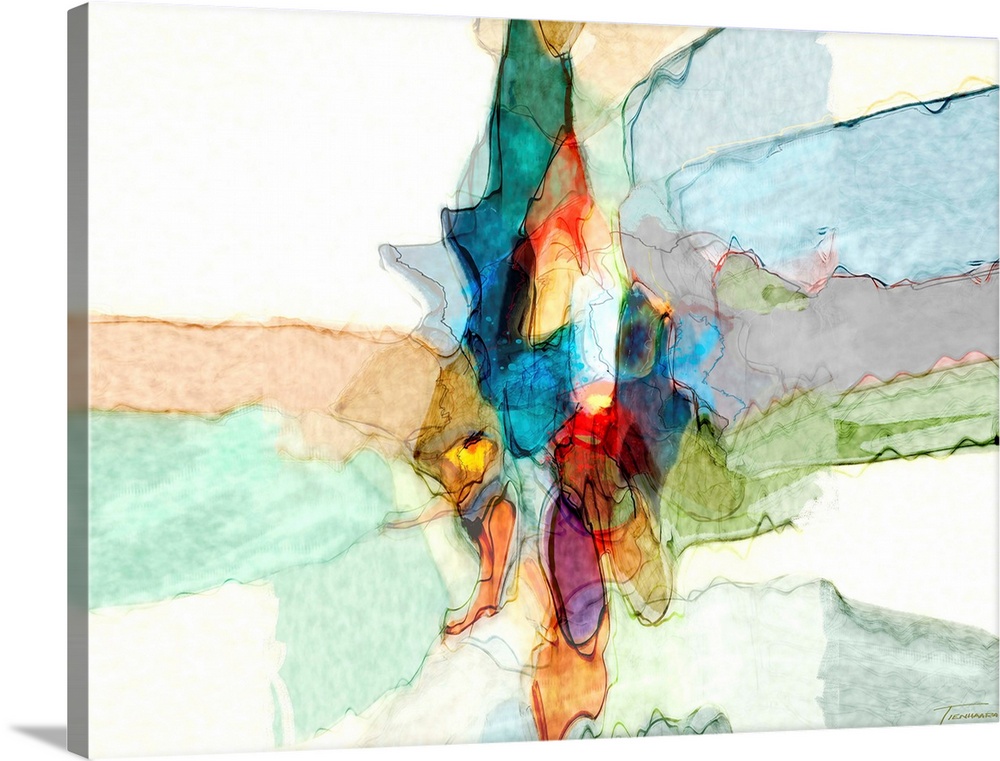 Abstract with with transparent-like hues clustered into sections in the center and spread out on the sides.