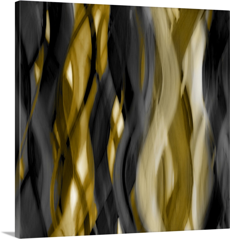 Square abstract art with blurred, wavy ribbons running vertically along the canvas from top to bottom in shades of gold an...