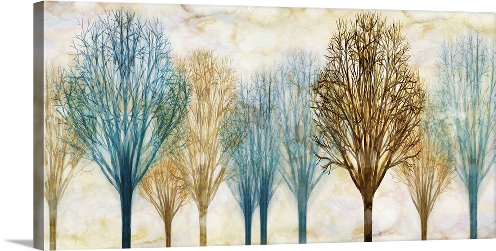Large artwork with Winter trees in blue and brown hues with a foggy sepia toned background.