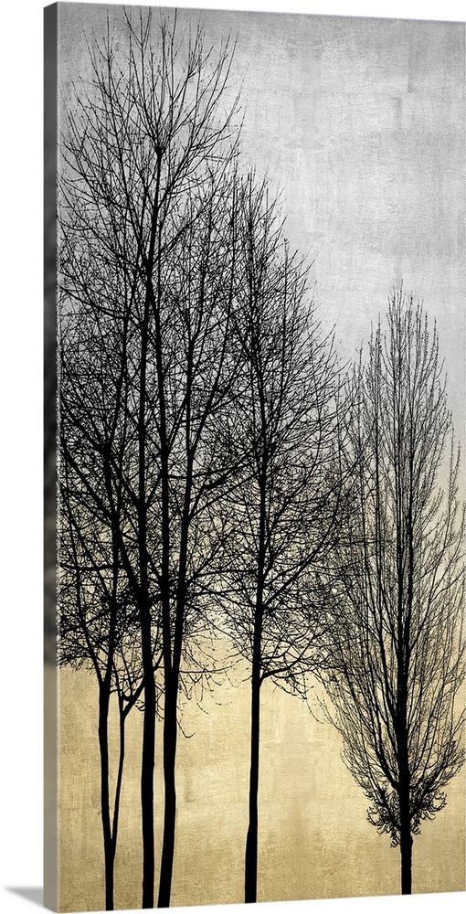 Decorative artwork featuring a black silhouette of leafless trees over a distressed background.
