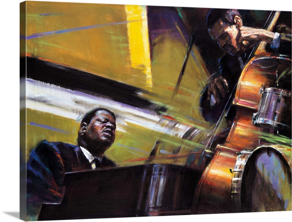 Contemporary painting of two Jazz musicians playing stand up bass and piano.
