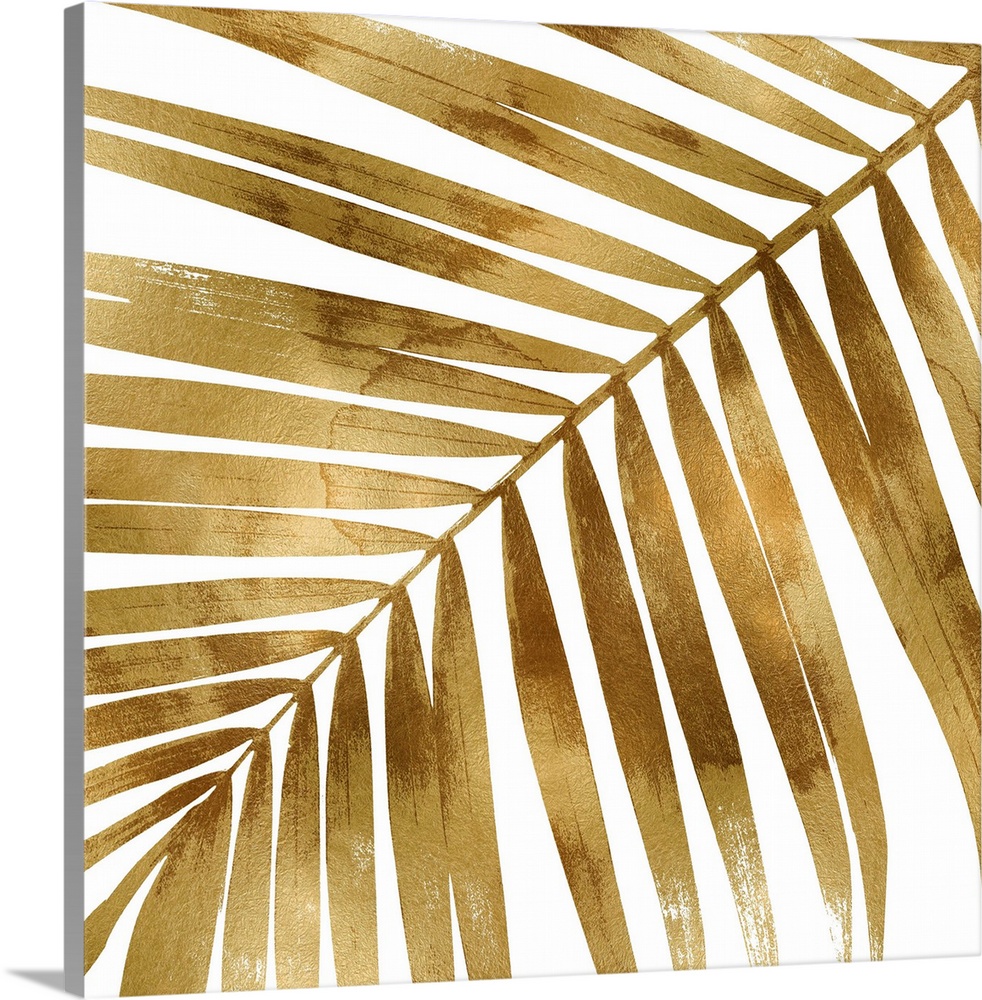 Square decor with a metallic gold silhouette of a palm leaf on a solid white background.