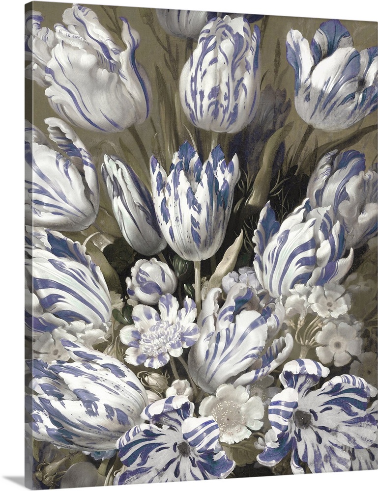 This romantic artwork features a tulip bouquet of white flowers with blue accents against a subdued background.