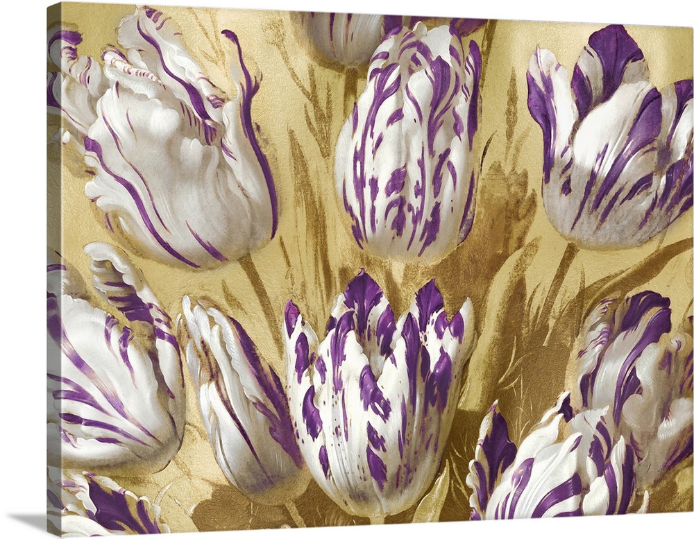 This romantic artwork features a tulip bouquet of white flowers with purple accents against a gold background.