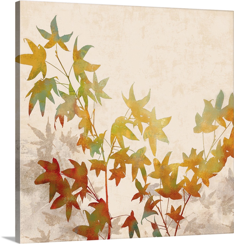 Square decor with silhouettes of multi-colored leaves on a cream background.