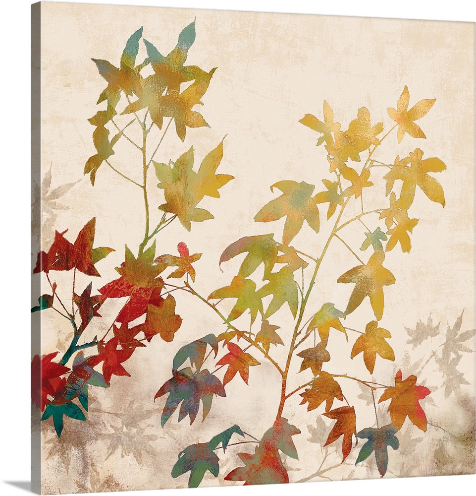 Square decor with silhouettes of multi-colored leaves on a cream background.