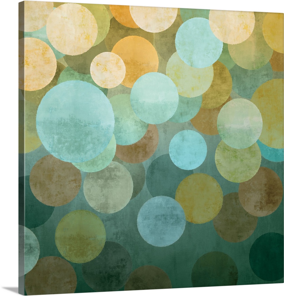 Square abstract art created with circles in yellow, blue, and green hues overlapping together on a dark teal background.
