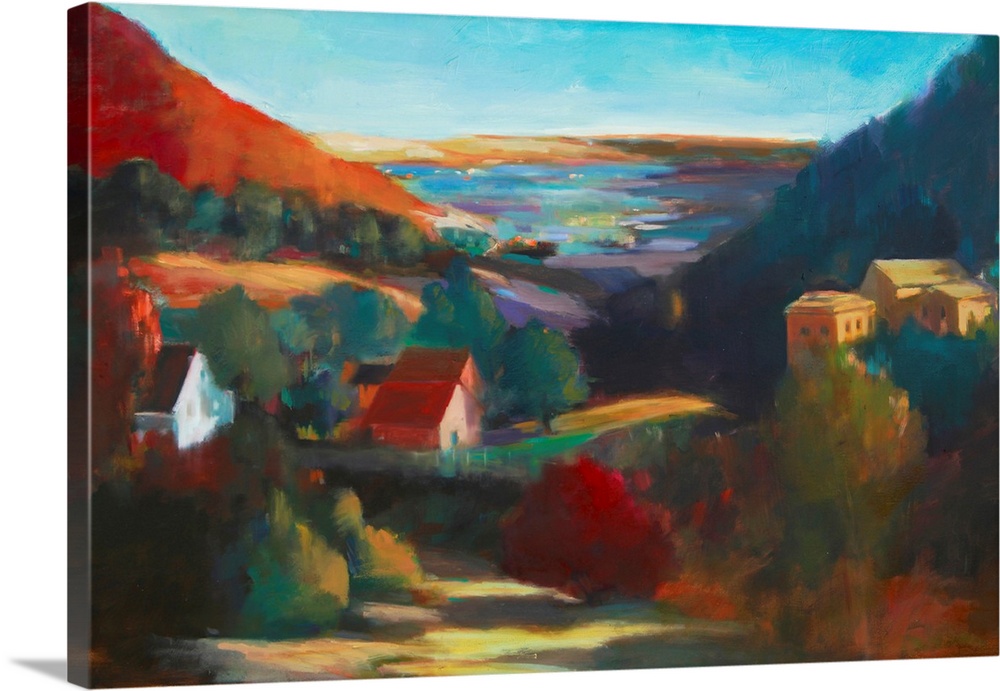 Contemporary landscape painting of a small town in a colorful valley surrounded by mountains.