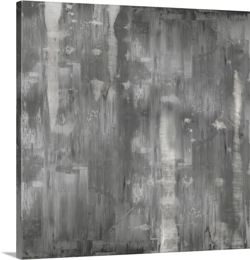 Square abstract painting with shades of gray streaking down the canvas.
