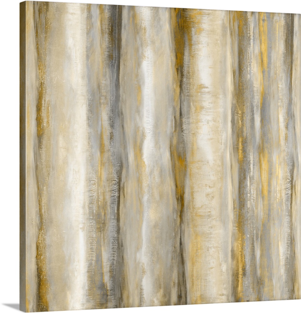 Square abstract painting with bands of metallic gold and silver running vertically across the canvas, and neutral tones in...