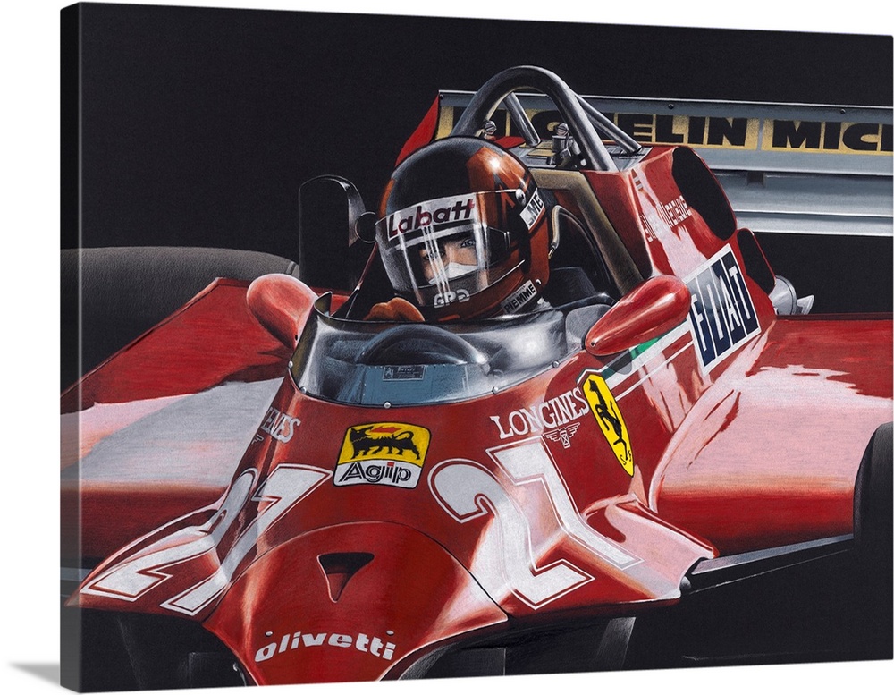 Illustration of a red Formula One car with a driver.