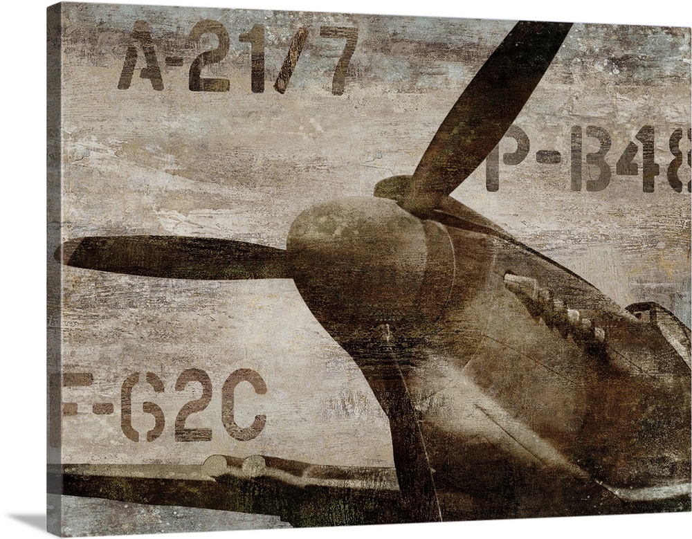 Vintage decor with an illustration of an old airplane propeller in dark sepia tones.