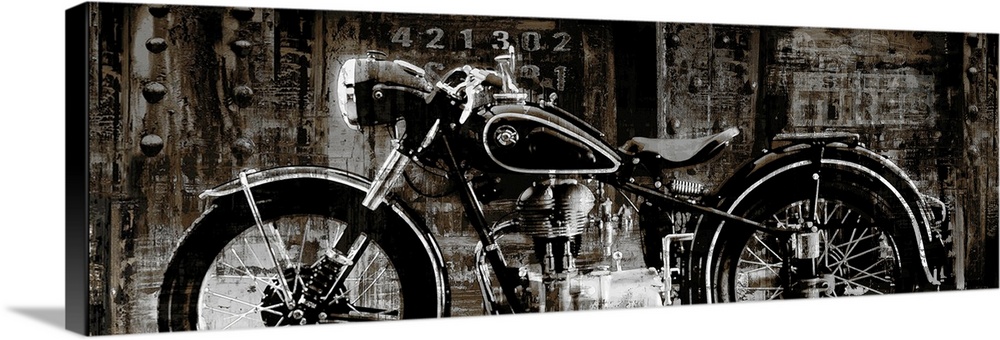 Panoramic decor with an illustration of a motorcycle on an industrial style background.