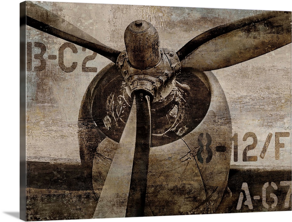 Vintage decor with an illustration of an old airplane propeller in dark sepia tones.