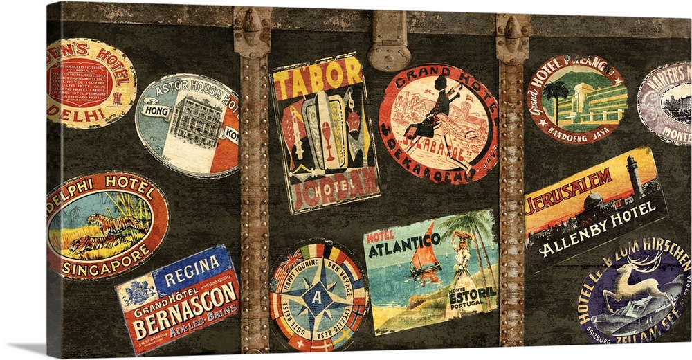 Decor with an image of a wooden trunk covered in travel stickers.