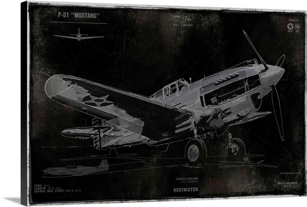 Silver illustration of a P-51 "Mustang" airplane on a black antique style background.