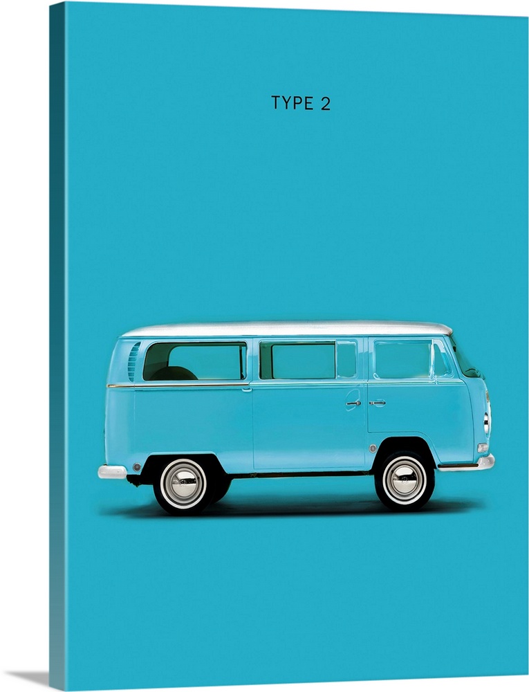 Photograph of a sky blue VW Type 2 printed on a blue background