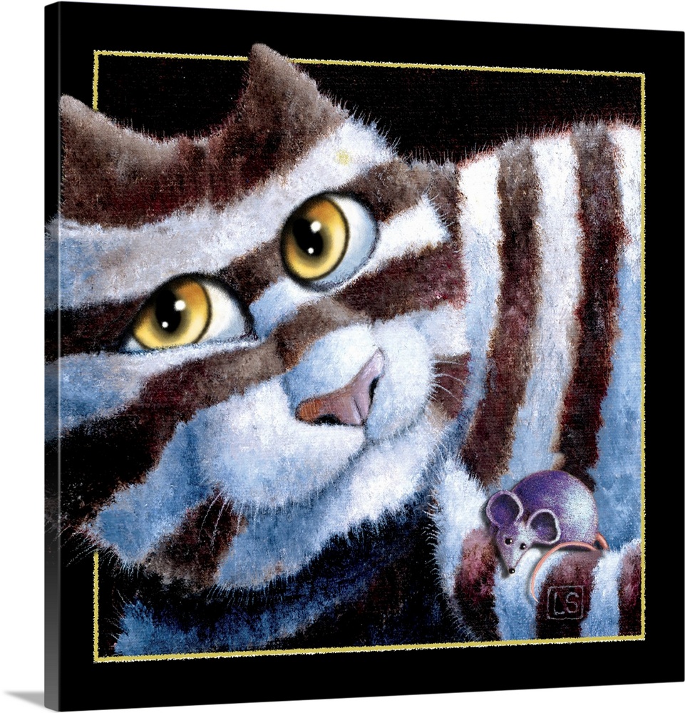 Square painting of a white and black striped cat with a blue mouse on its tail.