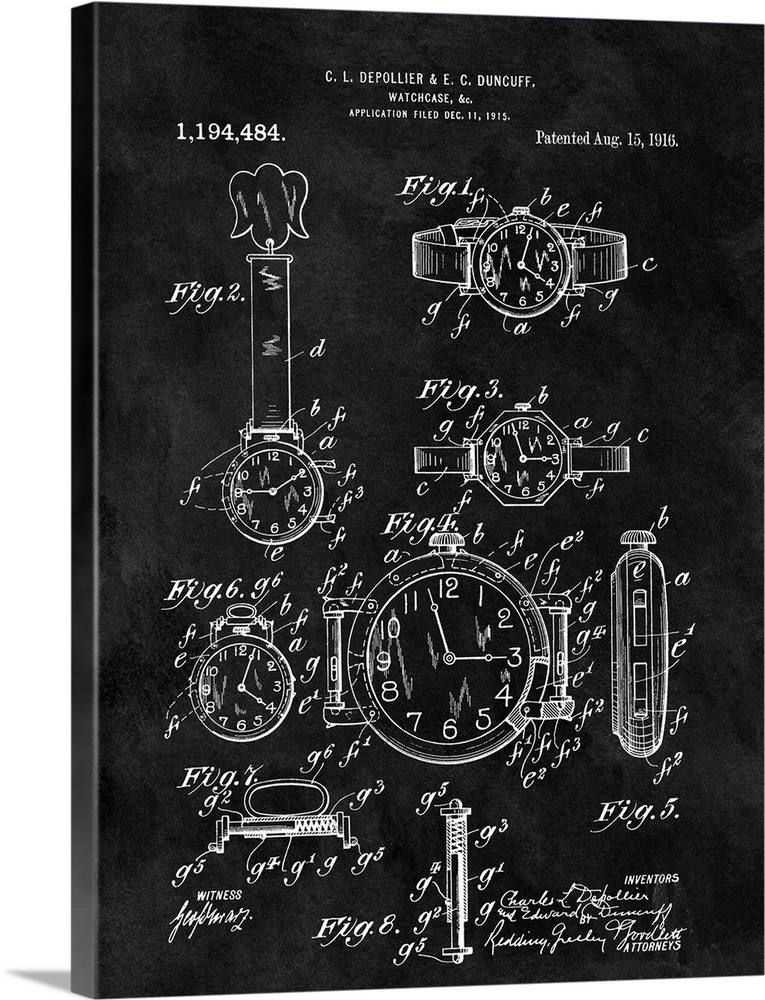 Antique style blueprint diagram of a Watch Case printed on a black background
