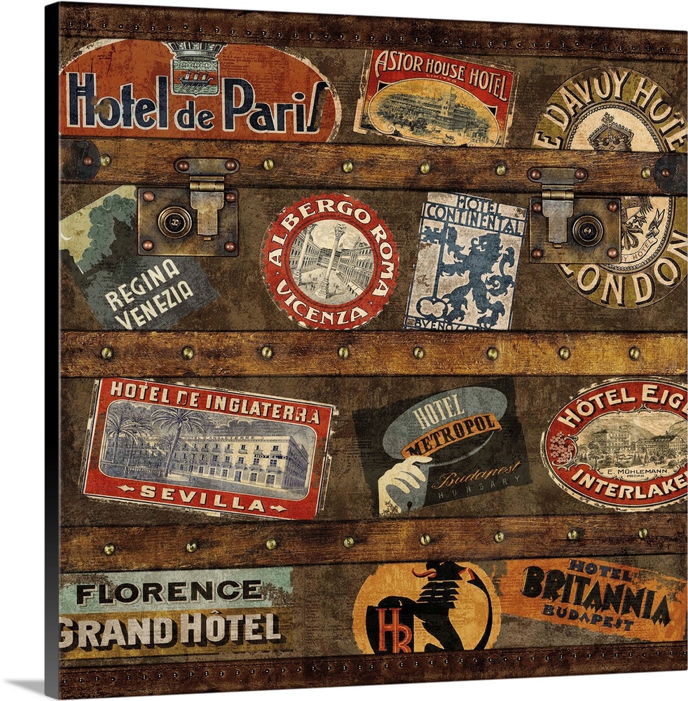 Square decor with an image of a wooden trunk covered in travel stickers.