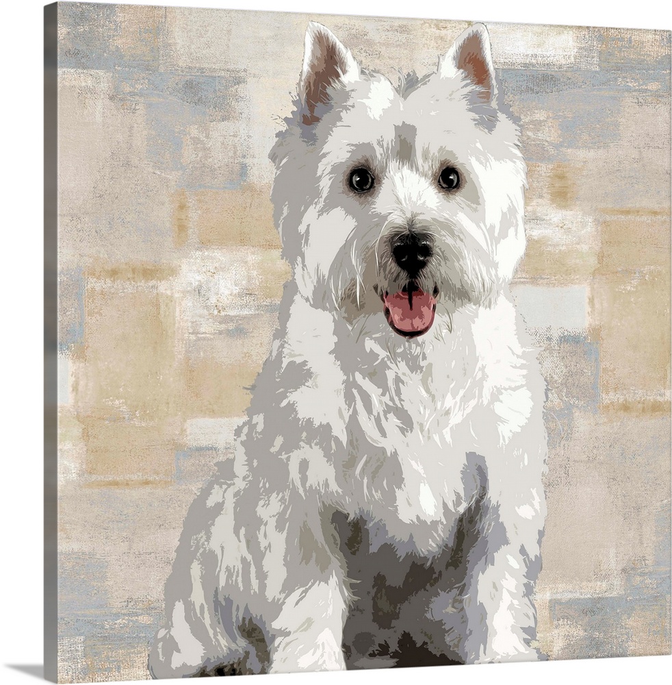 Square decor with a portrait of a West Highland White Terrier on a layered gray, blue, and tan background.