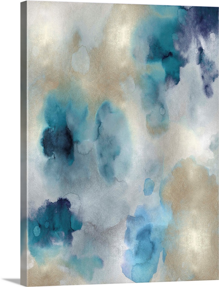 Abstract painting with shades of blue and gold hues splattered together on a silver background.